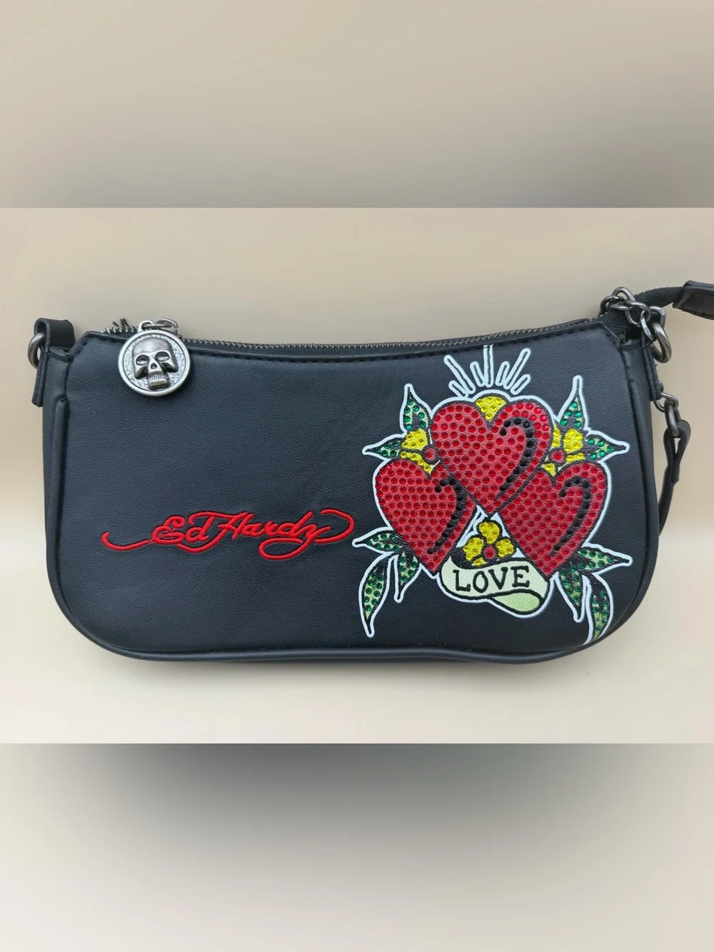 Ed Hardy Love Hearts Rhinestone Black Baguette Shoulder Bag Y2K Tattoo